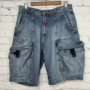 Vintage Machine Denim Cargo Shorts Size 32‎ Jorts Blue Baggy Skater Retro 11.5"